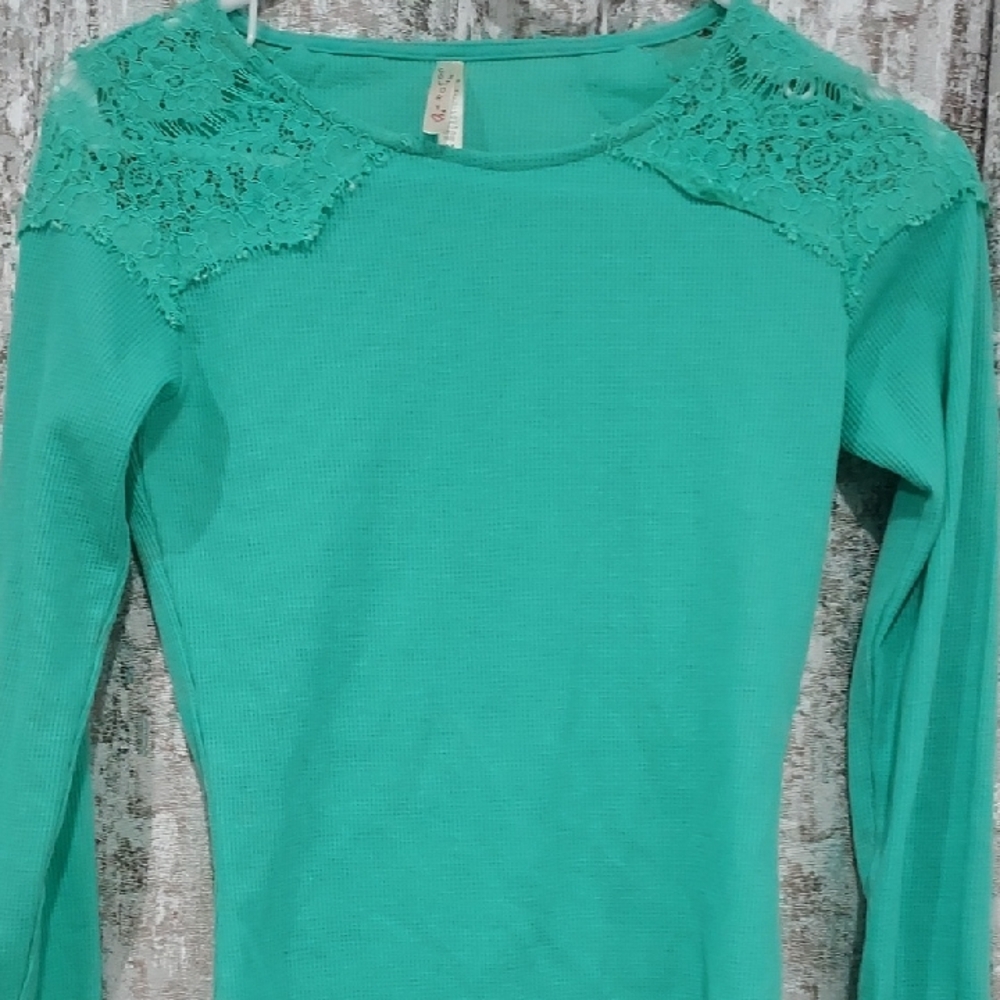Color Story Teal Lace Accent Blouse